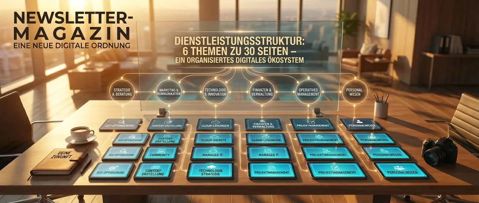 Optimierte Dienstleistungsstruktur: 6 Hauptthemen erweitert auf 30 einzigartige, überschneidungsfreie Seiten.