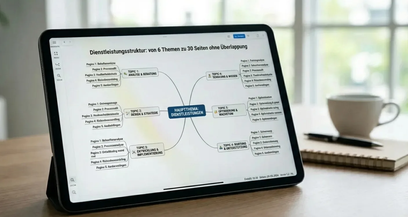 Digitale Mindmap zur Visualisierung einer Dienstleistungsstruktur: 6 Themen, 30 Seiten, überschneidungsfrei auf modernem Bildschirm.