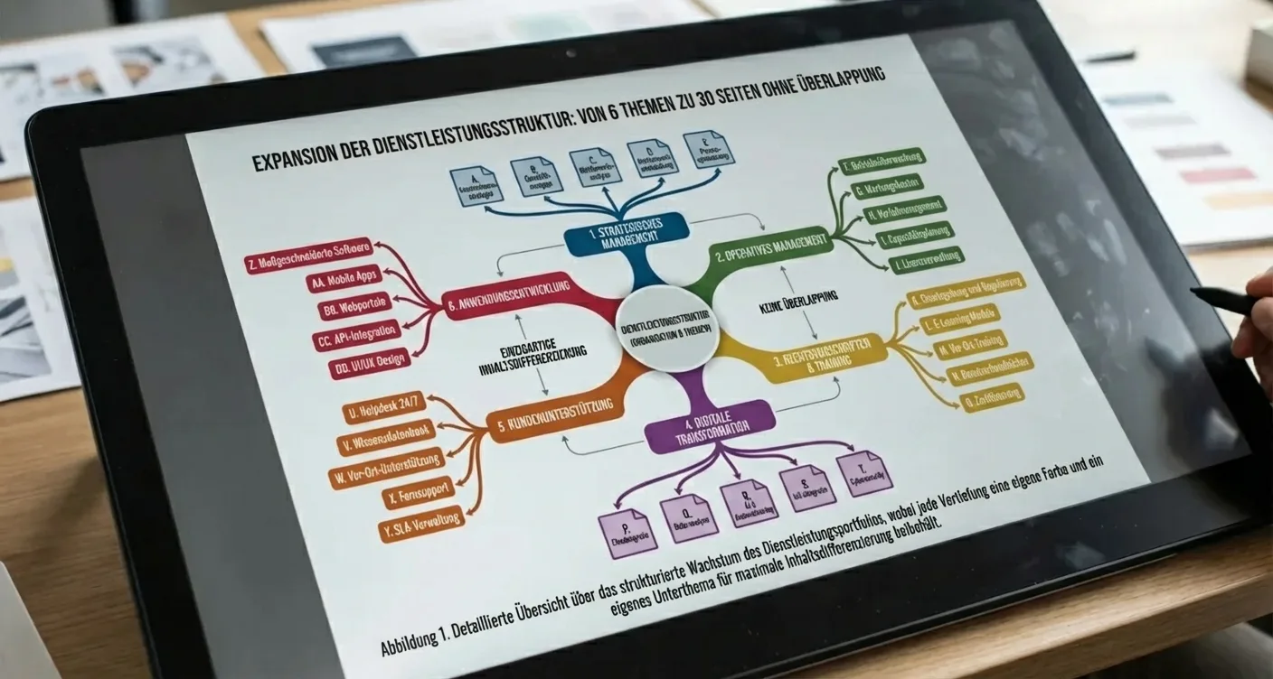 Infografik zur optimierten Dienstleistungsstruktur: Skalierung von 6 Themen auf 30 redundanzfreie Seiten mit farbcodierten Unterthemen.
