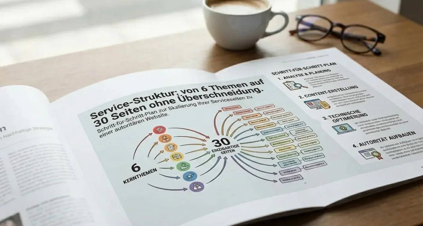 Strukturierte Dienstleistungsseiten-Skalierung: Von 6 auf 30 Themen für eine autoritäre, professionelle Website-Optimierung.