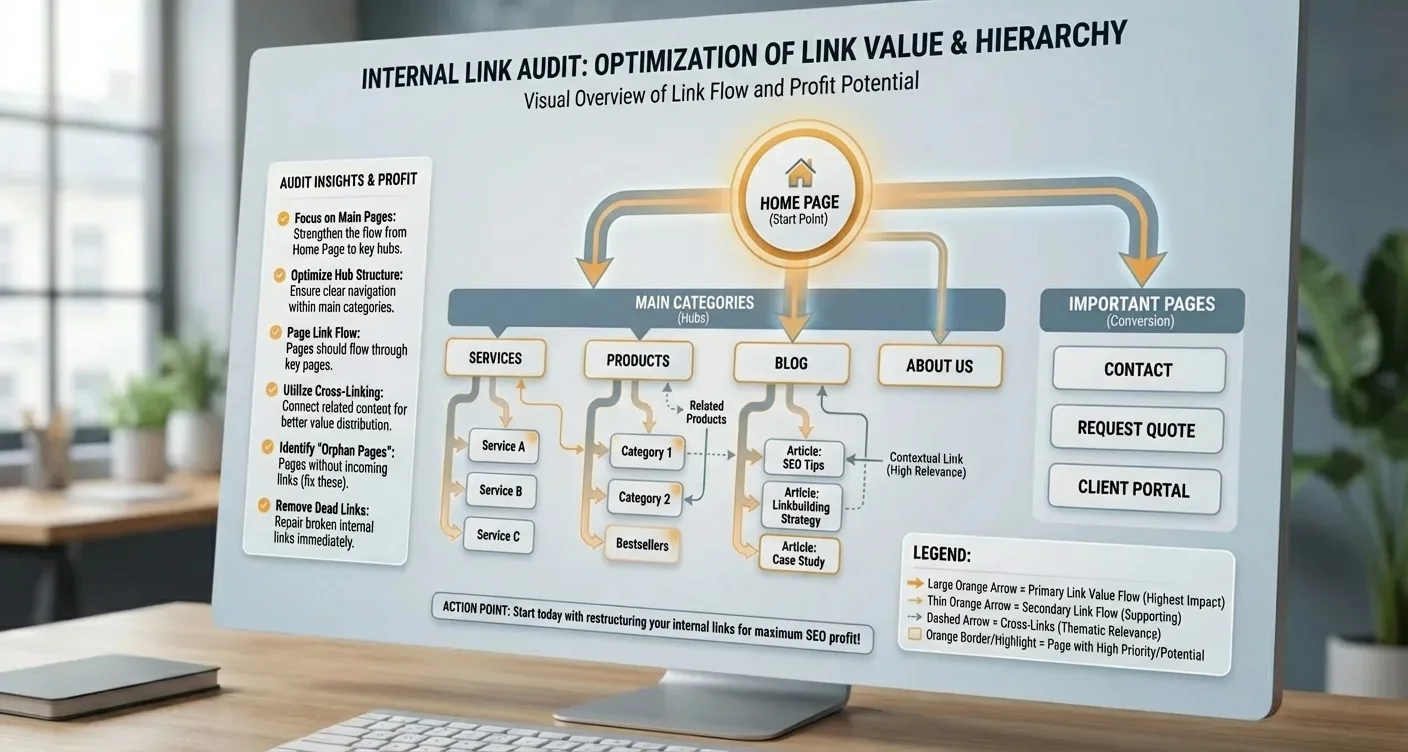 SEO infographic: website hierarchy diagram for internal link audit, visualizing link equity flow between pages.