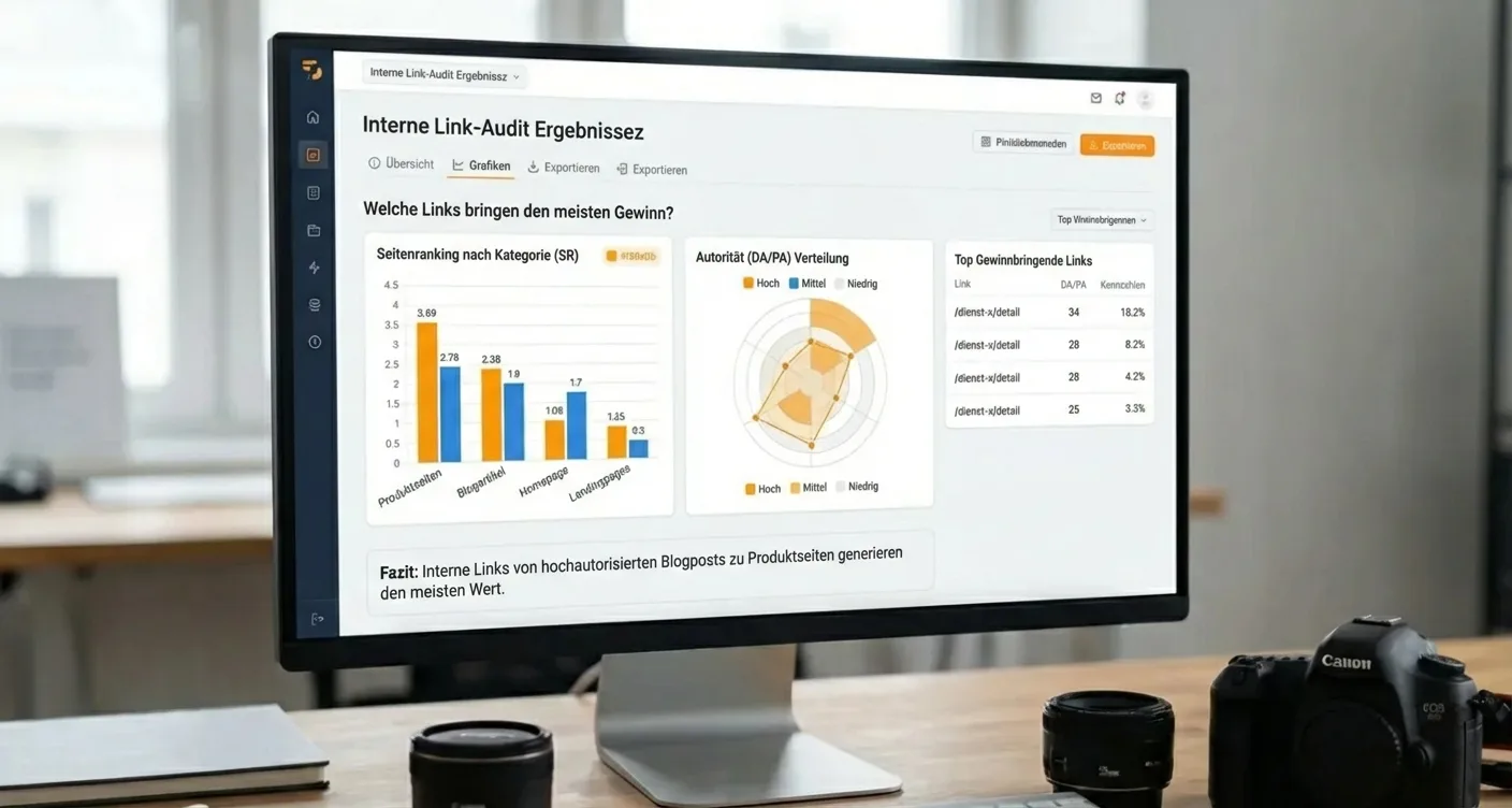 Digitales SEO Dashboard zeigt Ergebnisse der internen Linkanalyse: Seitenranking, Autorität & Verlinkungsstruktur. Für Website-Optimierung.