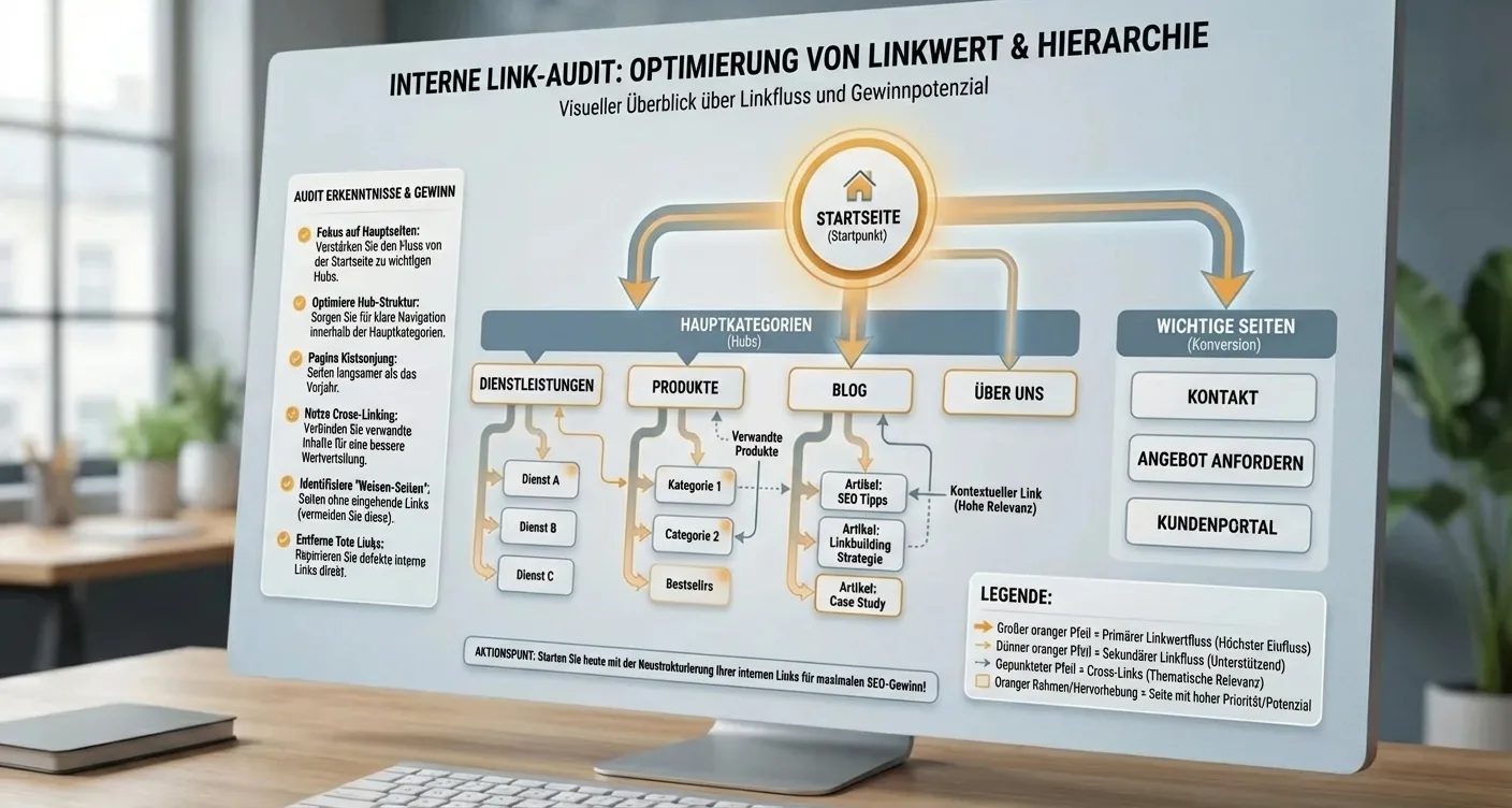 SEO Infografik: Website-Hierarchie mit Linkjuice-Fluss. Zeigt interne Verlinkungsstruktur für Link-Audits, Haupt- & Unterseiten.