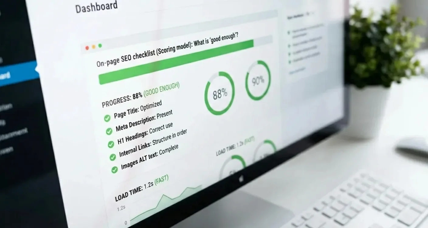 Digital SEO dashboard analyzing on-page SEO checklist with scoring model, green checkmarks, and progress graphs.