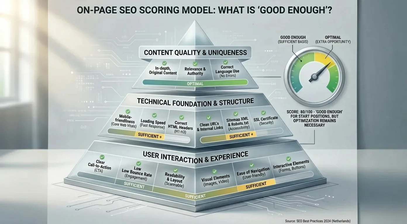 Detailed infographic: On-page SEO checklist scoring model for technical SEO, content, and user experience.