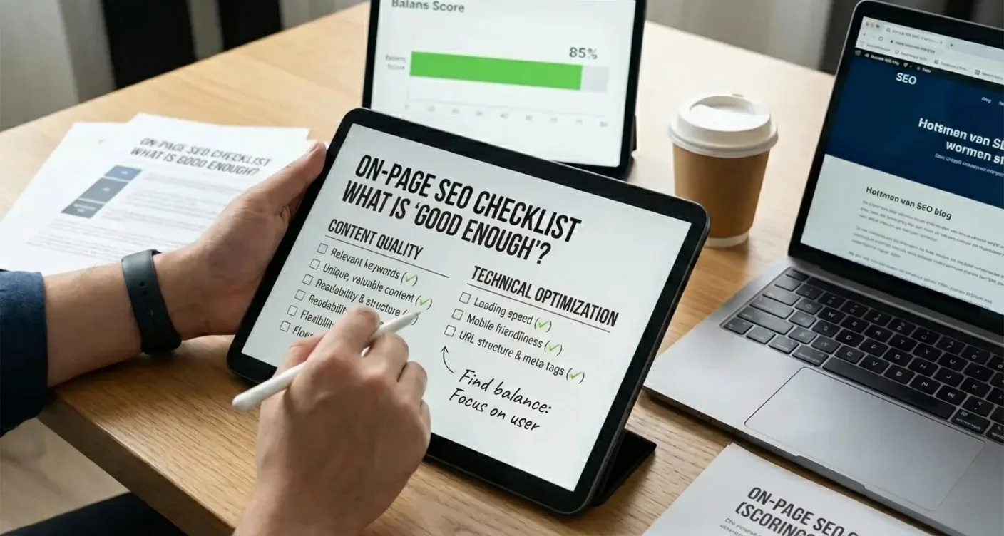 On-page SEO checklist and scoring model comparing content quality and technical optimization.
