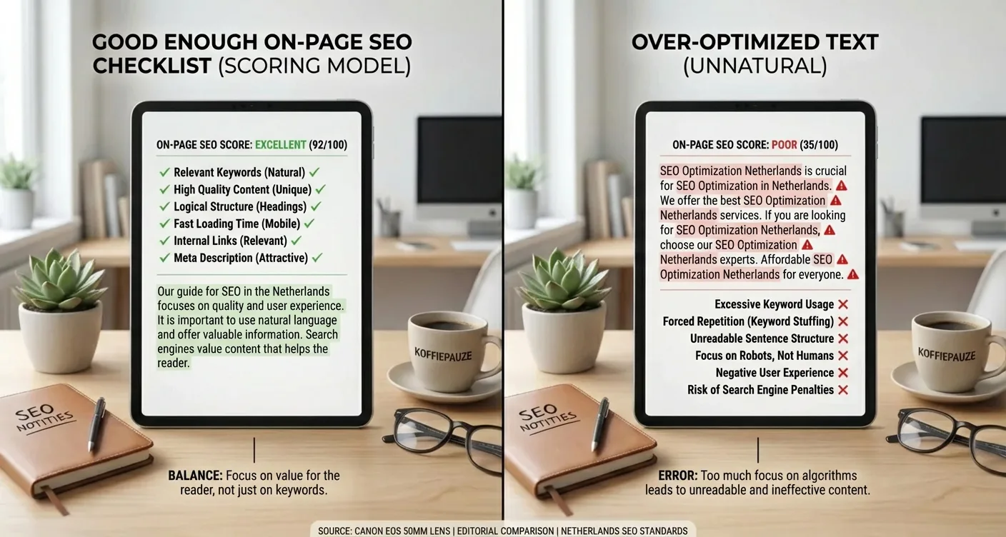 On-page SEO checklist scoring model versus over-optimized, unnatural text. Contrasting professional content optimization.
