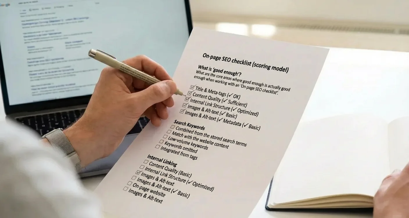 Hand ticking off a detailed on-page SEO checklist and scoring model to prioritize website optimization steps.