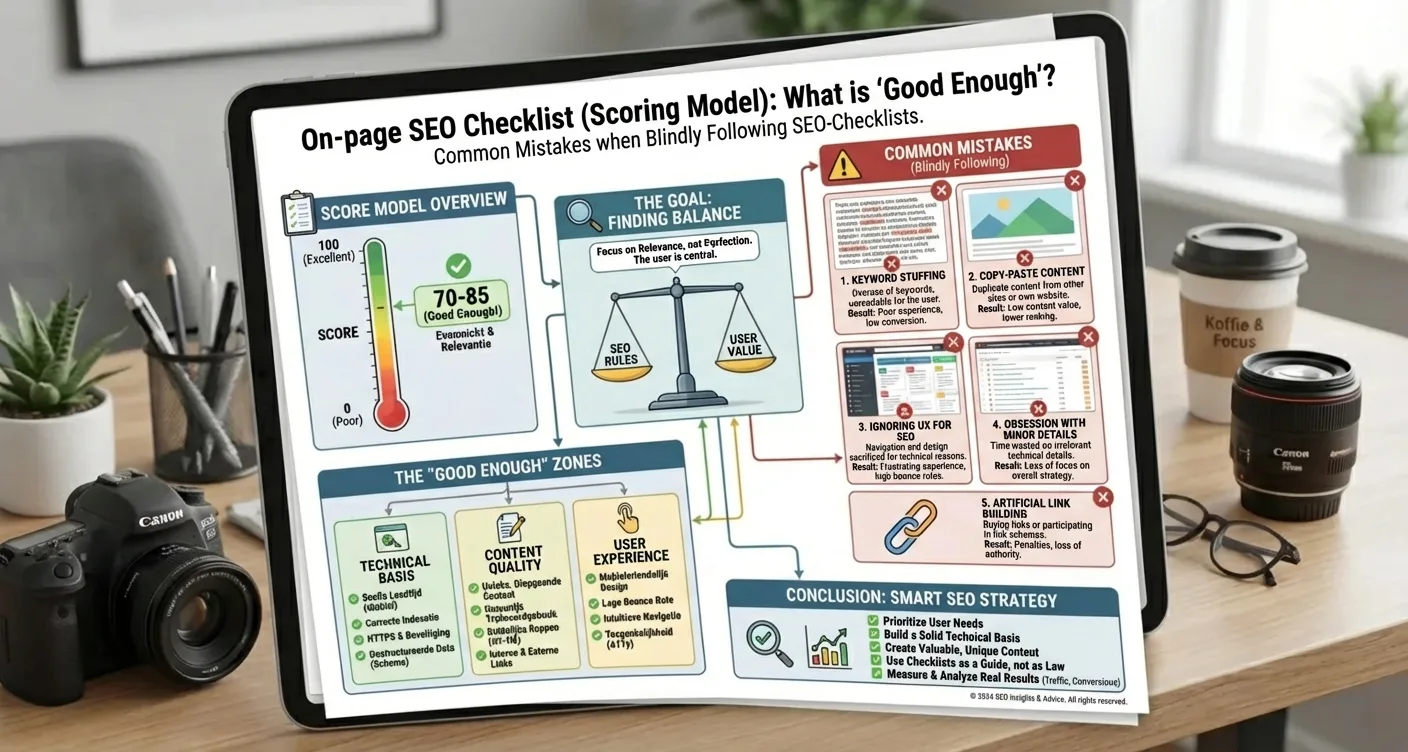 Diagram illustrating common mistakes when blindly using on-page SEO checklists and scoring models. Pinpoints critical SEO errors.