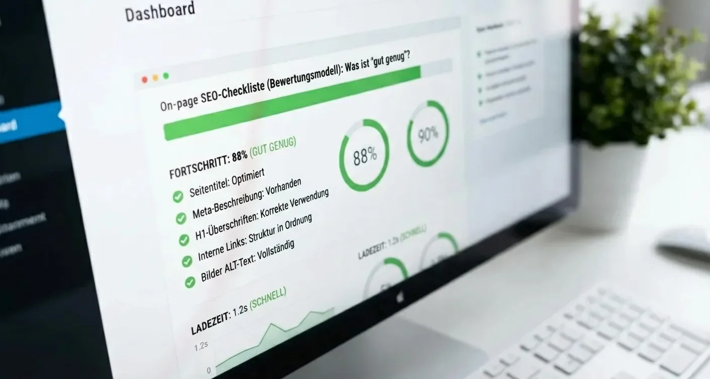 Digitales Dashboard mit On-Page SEO Checkliste und Fortschrittsgrafiken zur Analyse des
