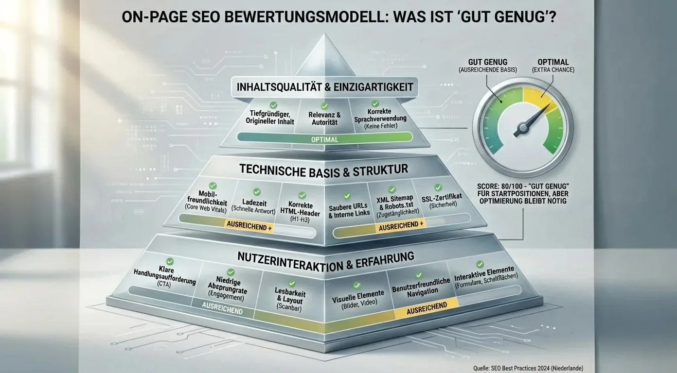 On-Page SEO Checkliste Infografik: Hierarchie des Bewertungsmodells für technische Elemente, Content-Qualität und Nutzererfahrung.