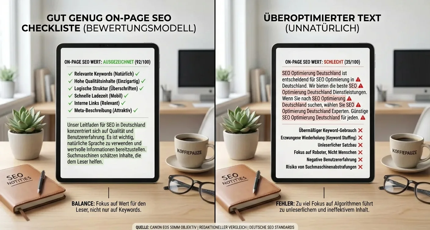 On-Page SEO Checkliste Vergleich: Natürlicher Text vs. unnatürliche Über-Optimierung für Top-Rankings. Professionelle Textoptimierung.