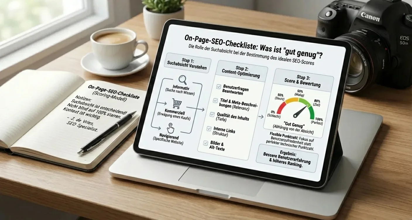Schritt-für-Schritt On-Page SEO Checkliste: Suchintention bewerten & optimalen SEO-Score erreichen.