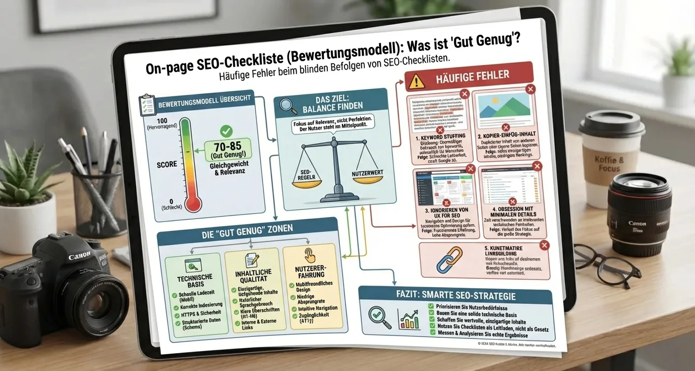 Infografik: On-Page SEO Checkliste mit Bewertungsmodell zur Vermeidung von Fehlern und für optimale SEO-Qualität.
