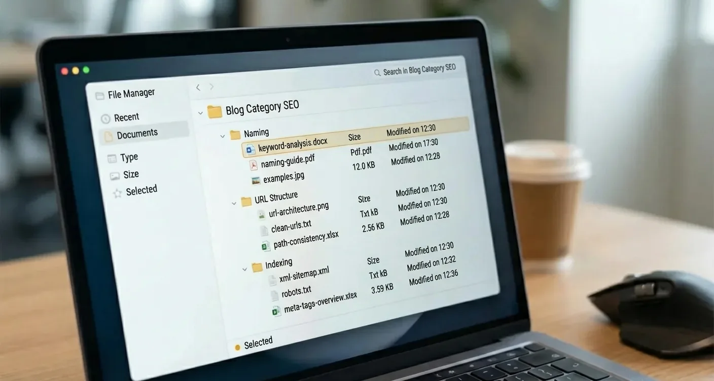 Digital folder structure showing blog category SEO best practices: naming, URL structure, and indexing on a screen.