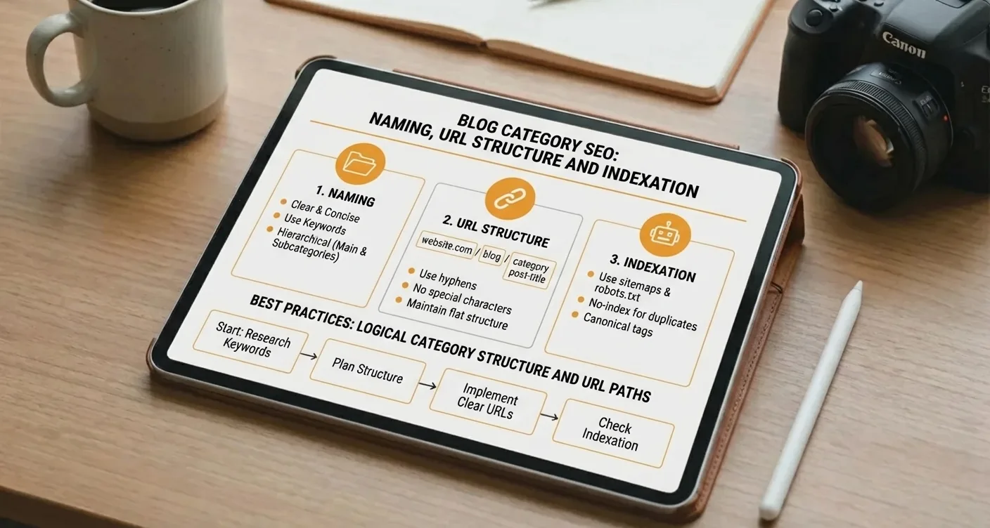 Infographic on Blog Category SEO best practices: naming, URL structure, and indexing strategies.