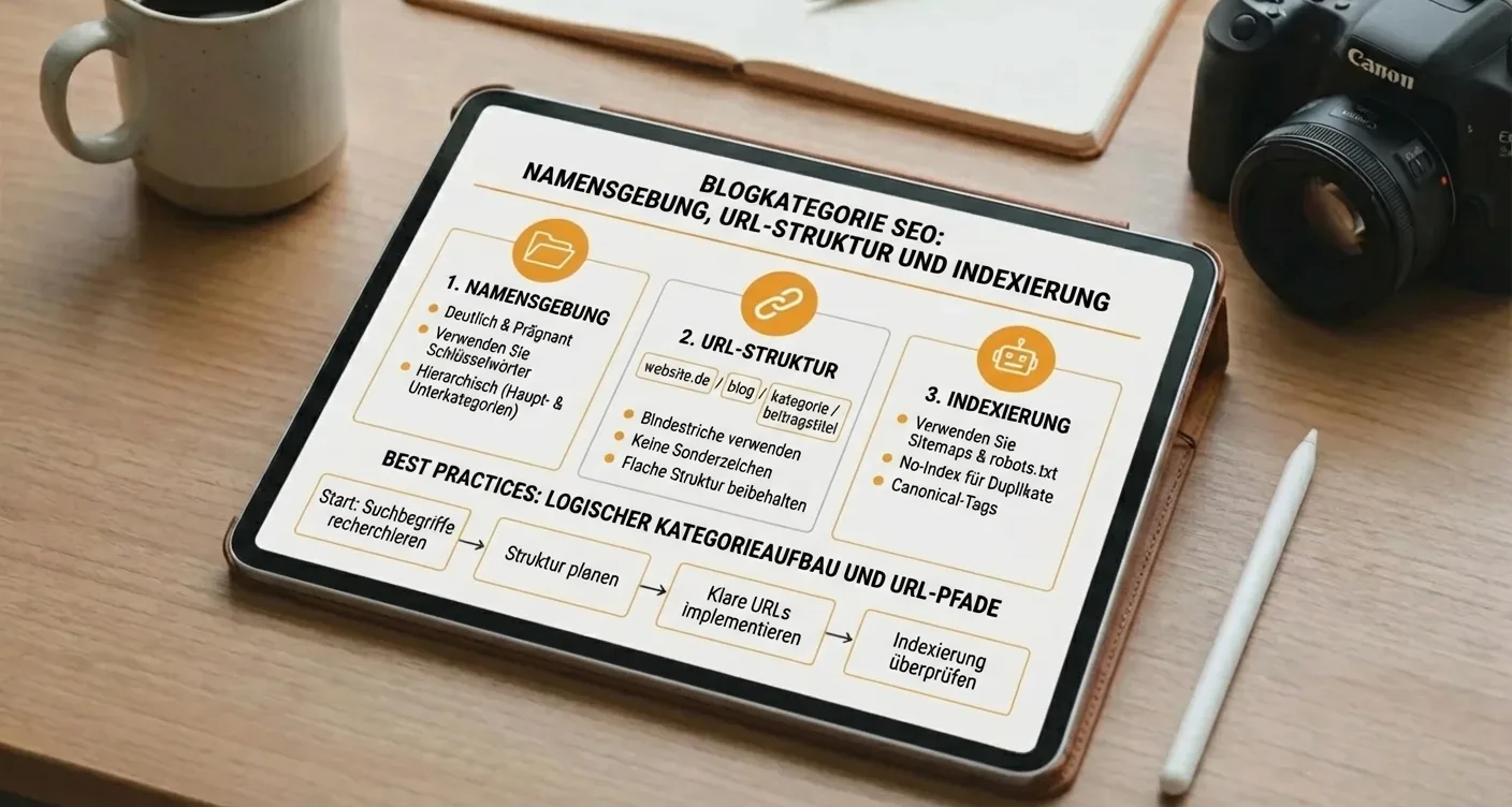 SEO Infografik: Optimierung von Blogkategorien, URL-Struktur und Indexierung. Tipps für klare Kategorienamen und URL-Pfade.