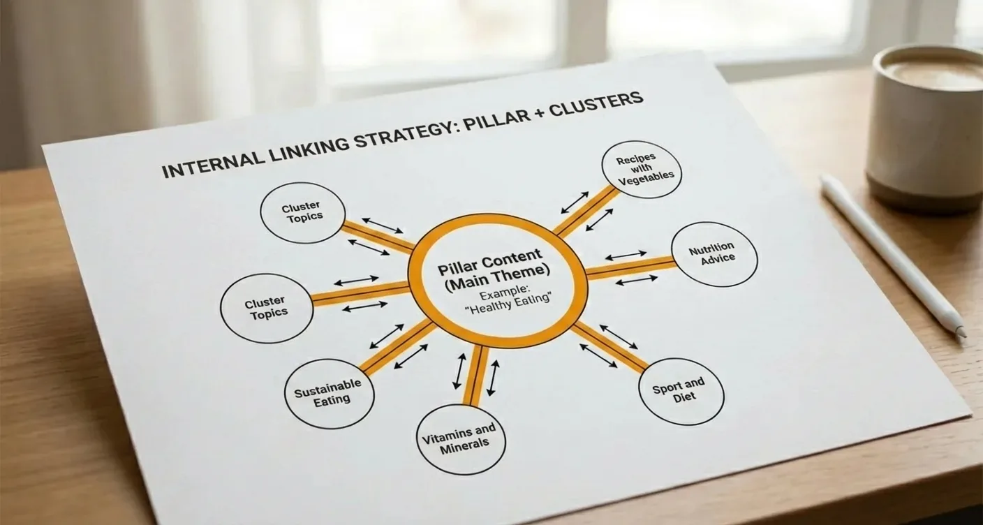 Pillar and cluster content strategy diagram: internal linking hub connecting main topics to sub-articles for SEO.