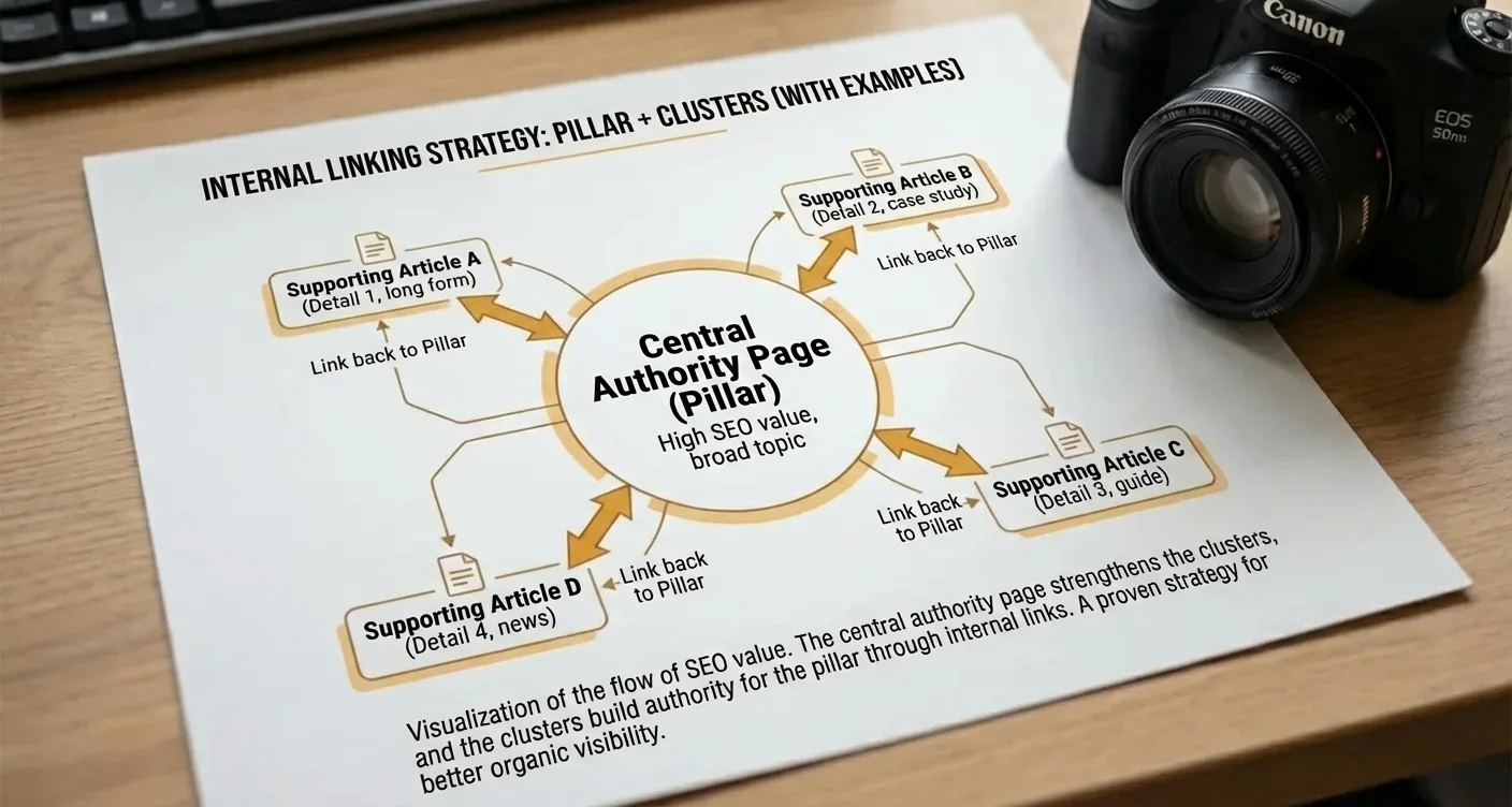 Internal linking strategy infographic showing a pillar page connected to cluster content for improved SEO and website authority.