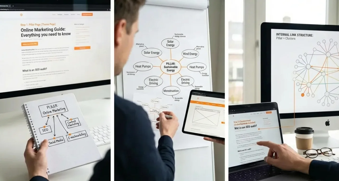 Step-by-step internal linking strategy for pillar and cluster content, showing successful SEO link structures and examples.