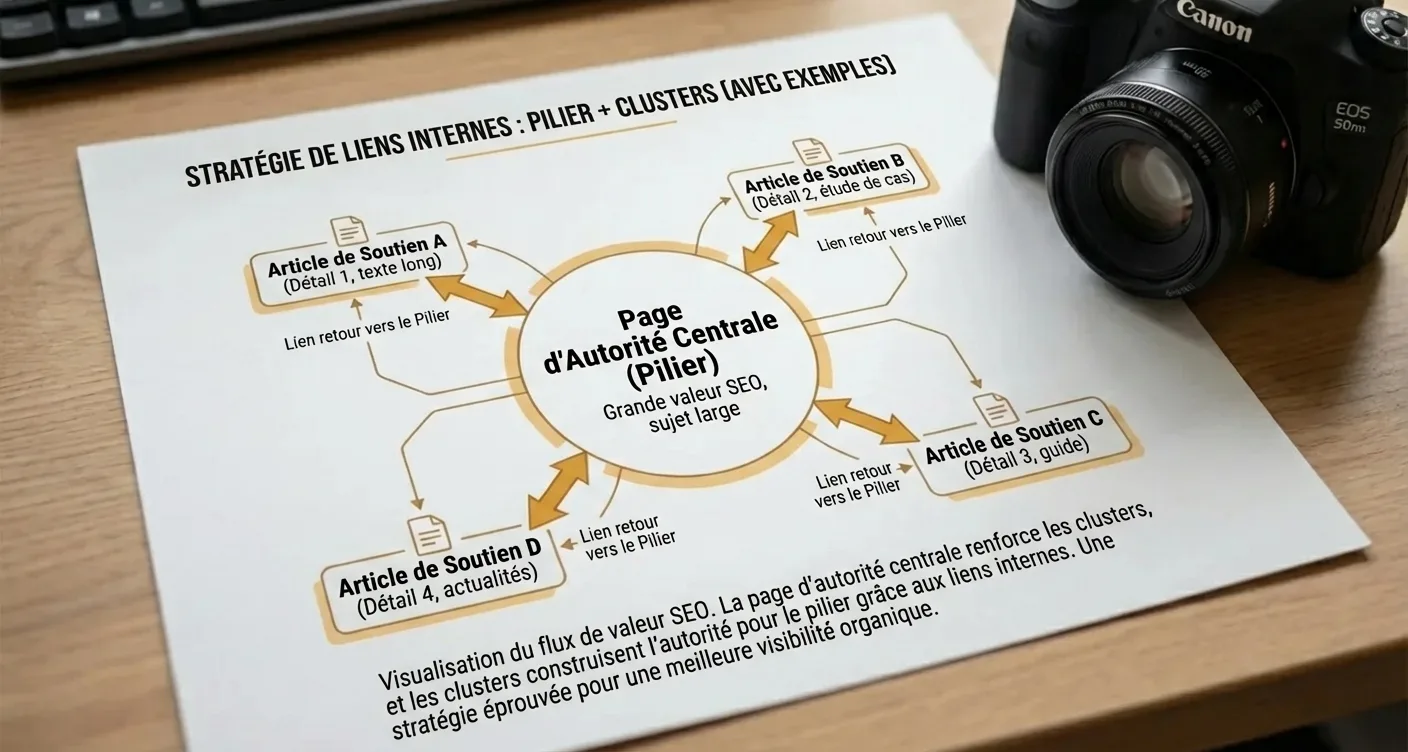 Infographie SEO expliquant la stratégie de maillage interne pour pages piliers et cocons sémantiques avec exemples.