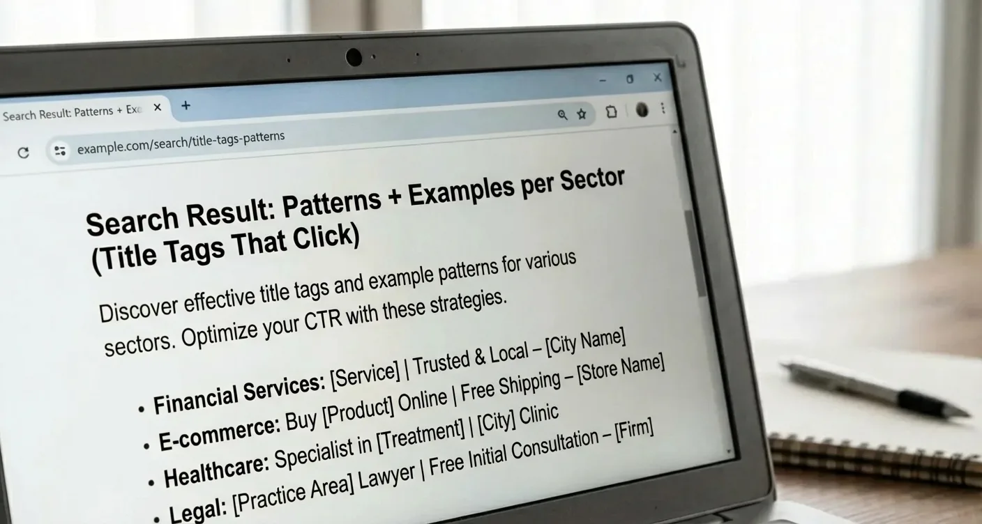 Optimized SEO title tags and search results displayed on a laptop screen, showing key patterns and examples.