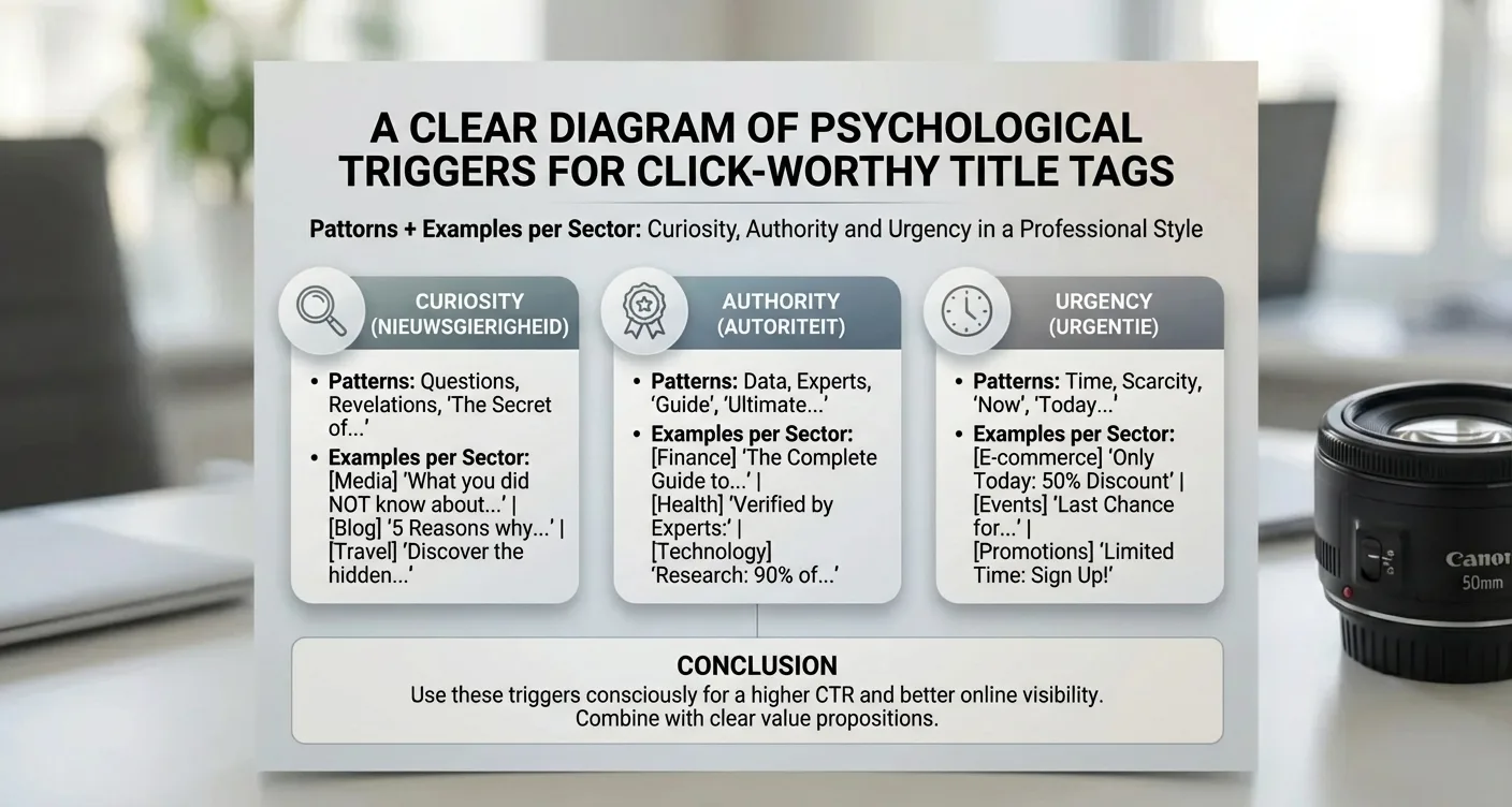 Psychological triggers infographic for clickable title tags, patterns, industry examples, with icons: curiosity, authority, urgency.