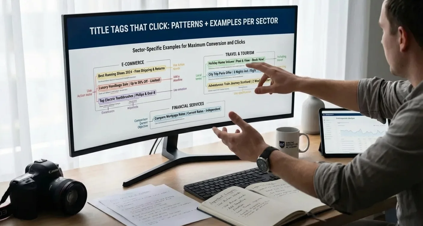 Dynamic examples of clickable SEO title tags, conversion patterns, and industry strategies to maximize clicks and conversions.