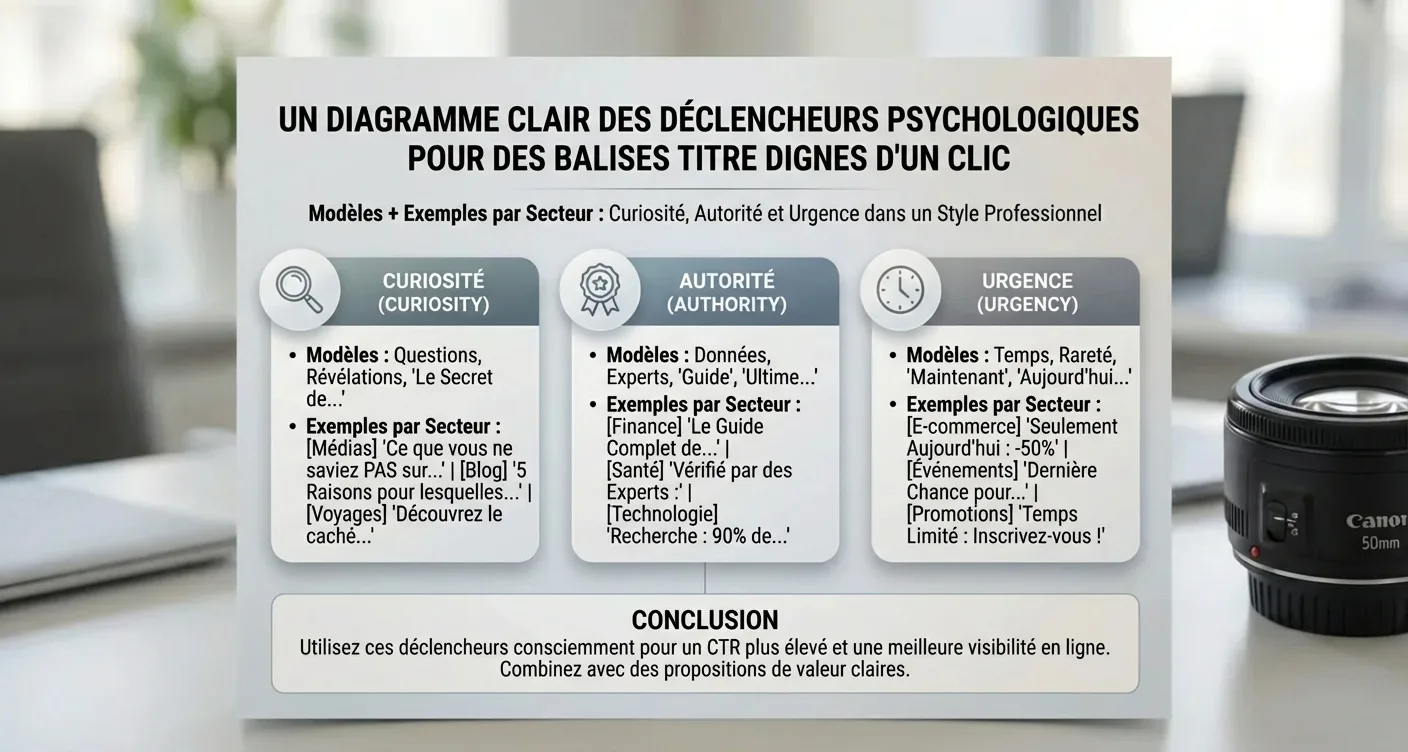 Infographie: Déclencheurs psychologiques pour balises titre SEO percutantes (curiosité, urgence, valeur, preuve).