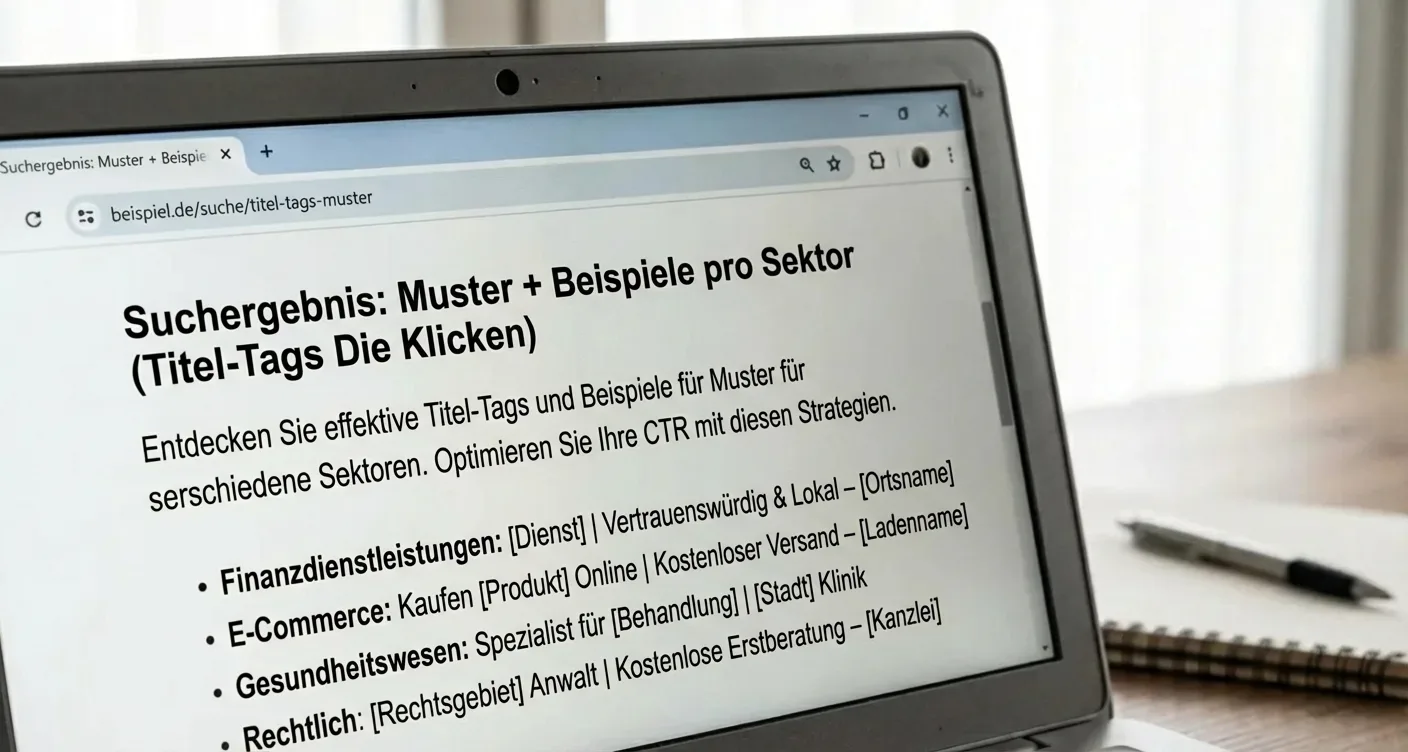 Nahaufnahme Suchergebnis auf Laptop: SEO-optimierte Title-Tags für höhere Klickrate und professionellen Auftritt.