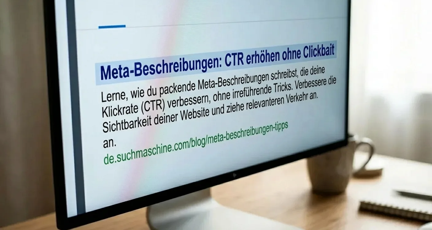 Nahaufnahme Suchergebnis: 'Meta-Beschreibungen: CTR steigern ohne Clickbait' als SEO-Tipp auf digitalem Bildschirm. Fokus Marketing.