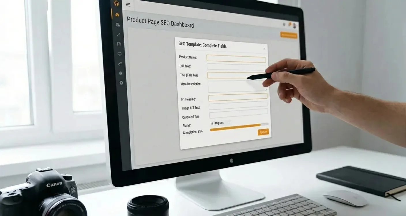 Digital dashboard displaying an e-commerce product page SEO template for professional optimization and higher rankings.