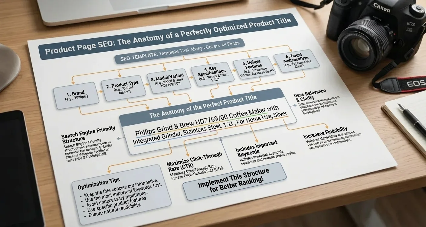Infographic: Optimized product title anatomy with a product page SEO template for e-commerce success.