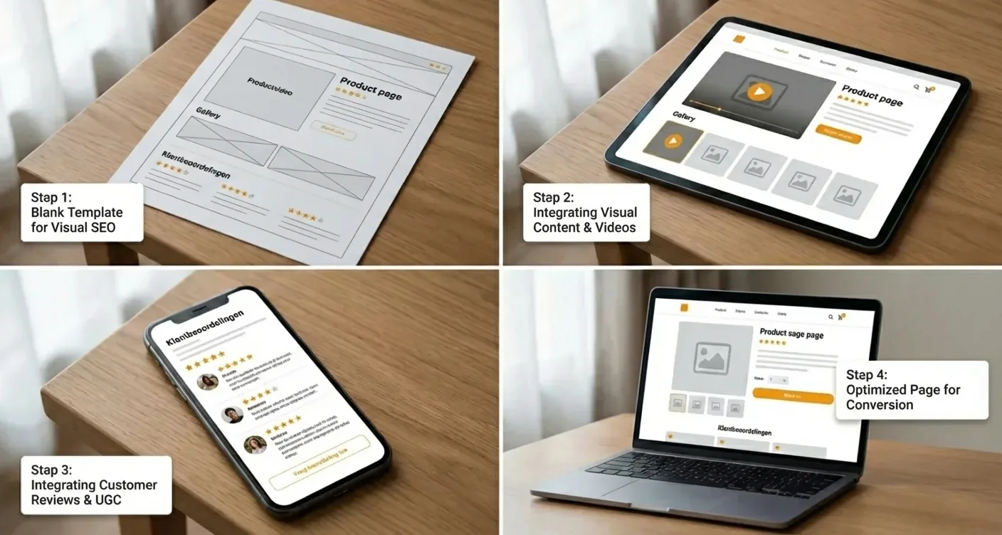 Step-by-step conversion optimization process for product pages, using SEO templates, visual content, customer reviews & product videos.