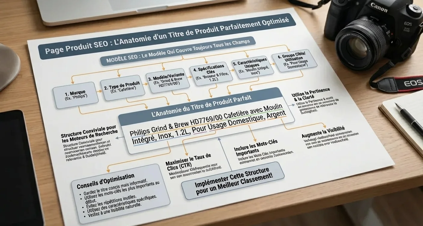 Diagramme infographique détaillé du modèle SEO complet pour page produit et référencement.