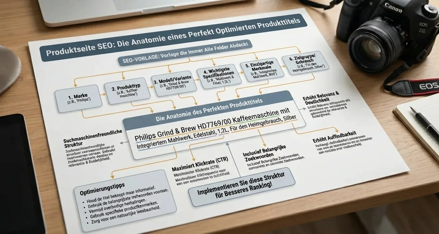 Infografik zur Produktseiten-SEO-Vorlage und Anatomie optimierter Produkttitel für bessere Rankings.