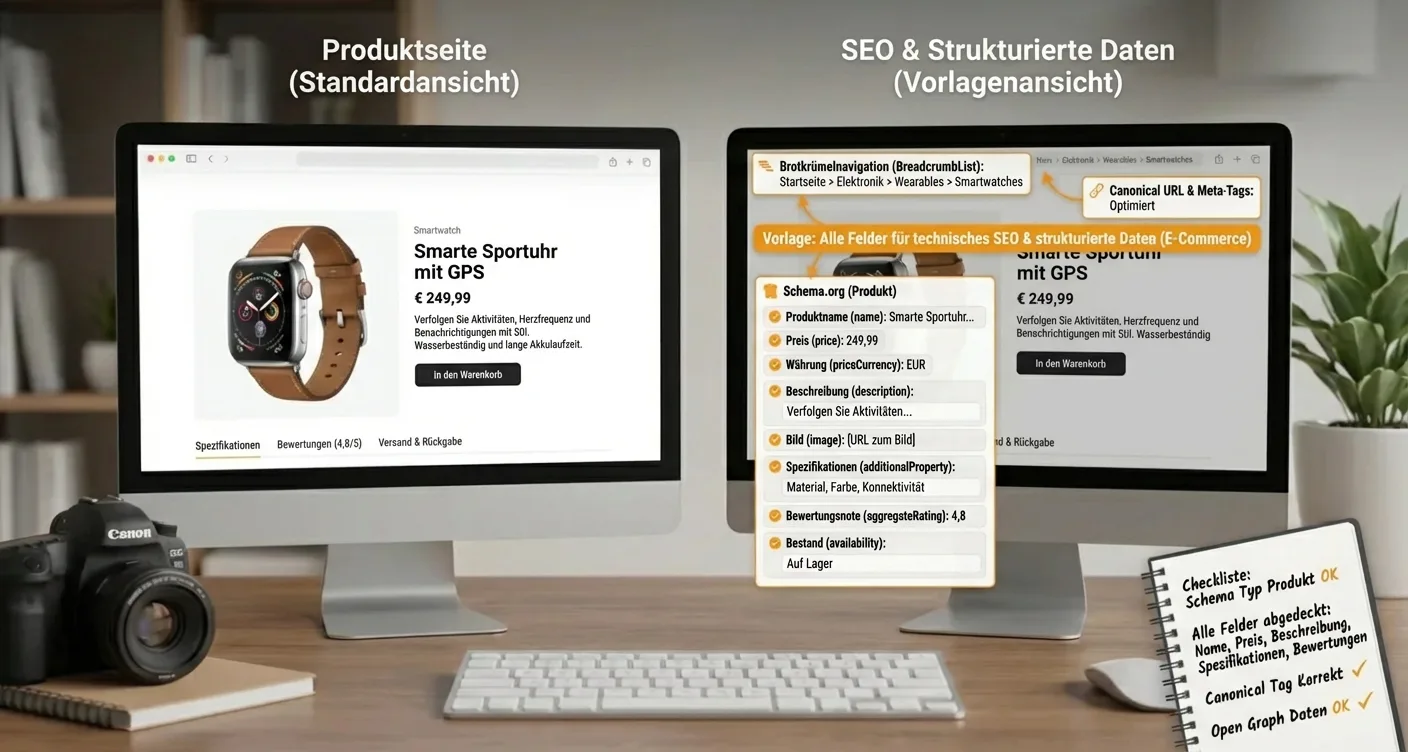 Produktseiten-SEO-Vorlage im Side-by-Side-Vergleich: Technische SEO und strukturierte Daten für E-Commerce.