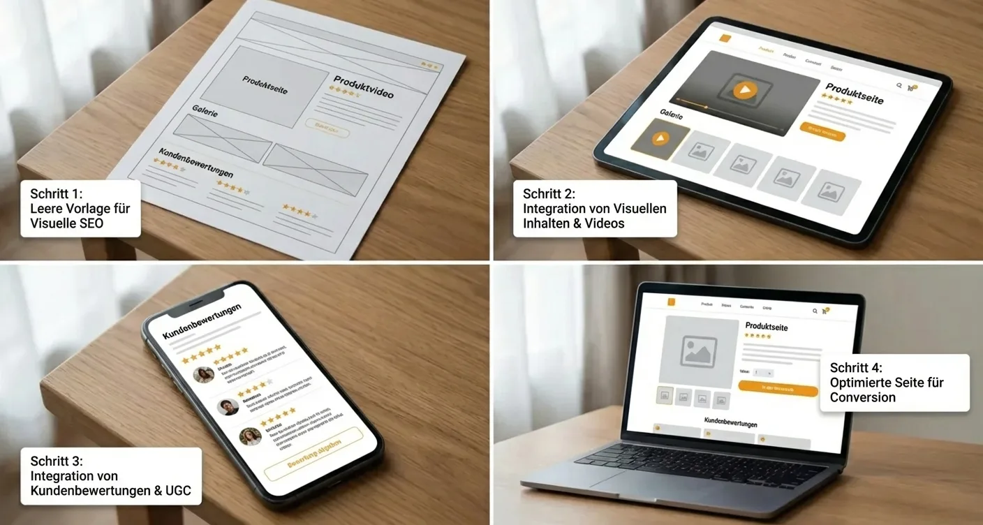 Schritt-für-Schritt-Anleitung zur SEO-Optimierung von Produktseiten mit visuellem Content, Kundenrezensionen und Produktvideos für bessere Conversions.