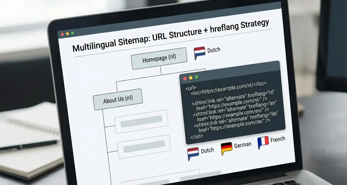 Digital screen displaying multilingual SEO strategy: XML sitemap, URL structure, and hreflang for global website optimization.