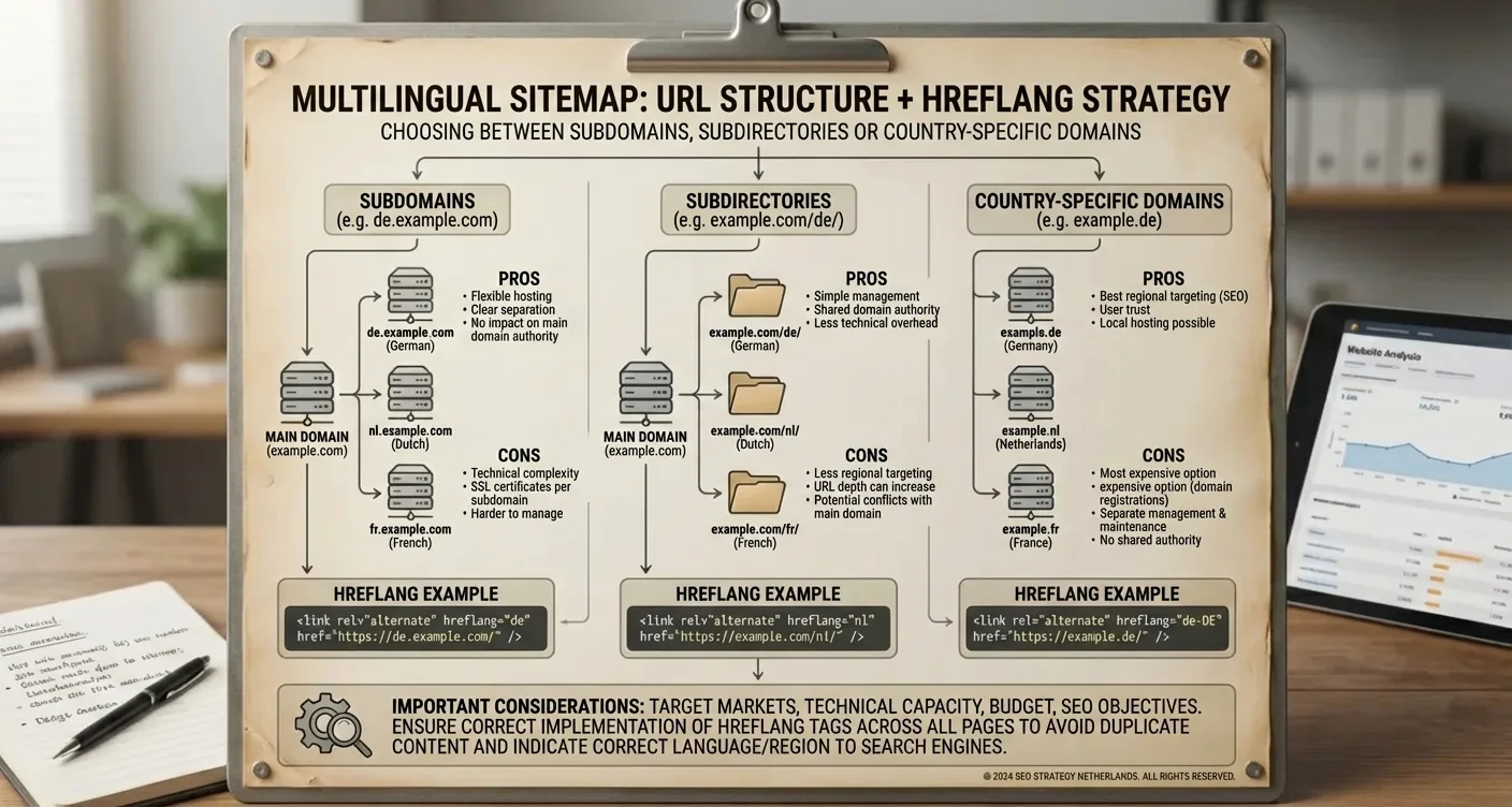Infographic: Multilingual website URL structure options – subdomains, subfolders, country domains, hreflang for international SEO.