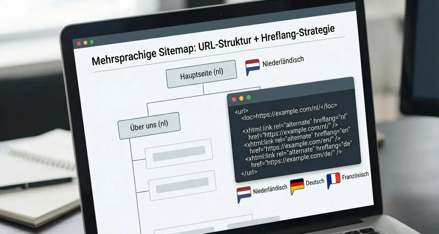 Digitale Darstellung einer mehrsprachigen Sitemap, Hreflang Strategie und URL-Struktur mit XML-Code und Sprachflaggen für internationale SEO.
