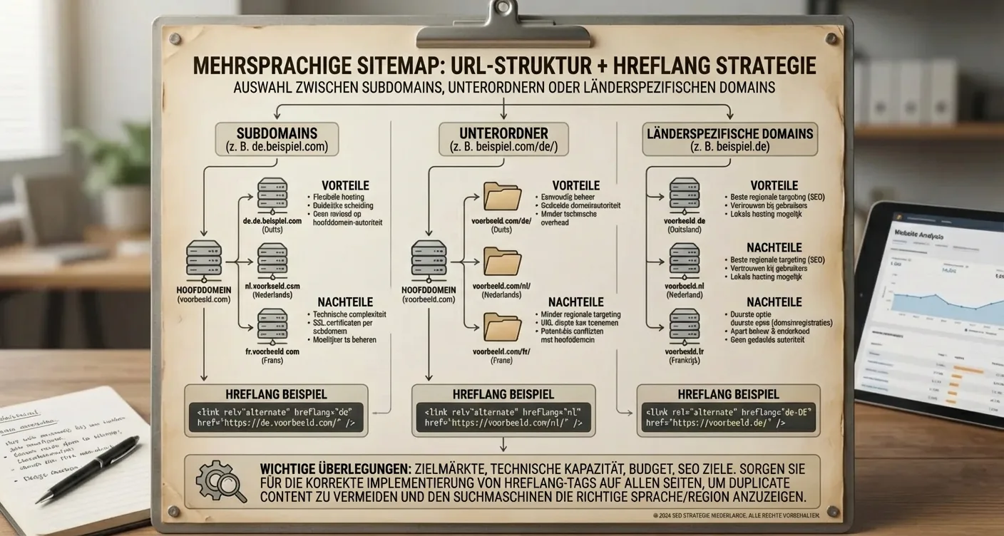 Infografik: Mehrsprachige Sitemap, Hreflang Strategie und URL-Struktur für Subdomains, Unterverzeichnisse oder ccTLDs.