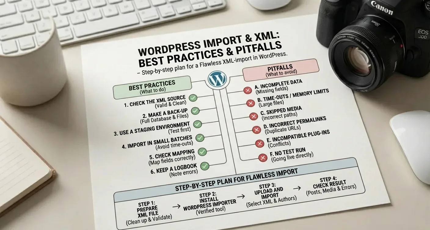 Diagram illustrating a step-by-step guide for seamless WordPress XML import and data migration.