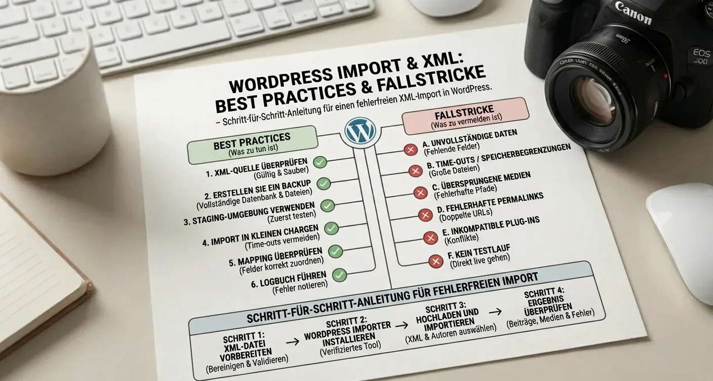 Infografik zu WordPress XML-Import: Best Practices, Schritt-für-Schritt-Anleitung für fehlerfreie Datenmigration und Fallstricke vermeiden.