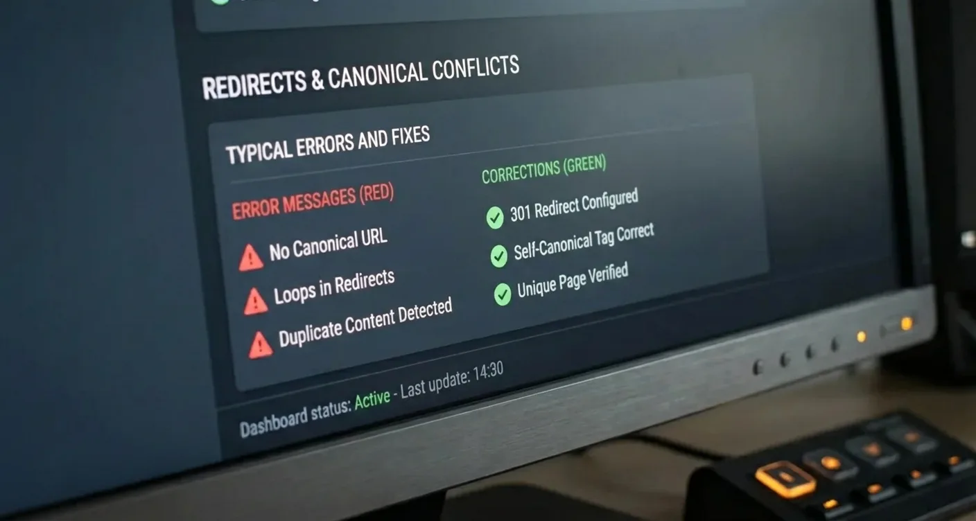 SEO dashboard visualizing redirect and canonical conflicts with red error messages and green success indicators for site health.