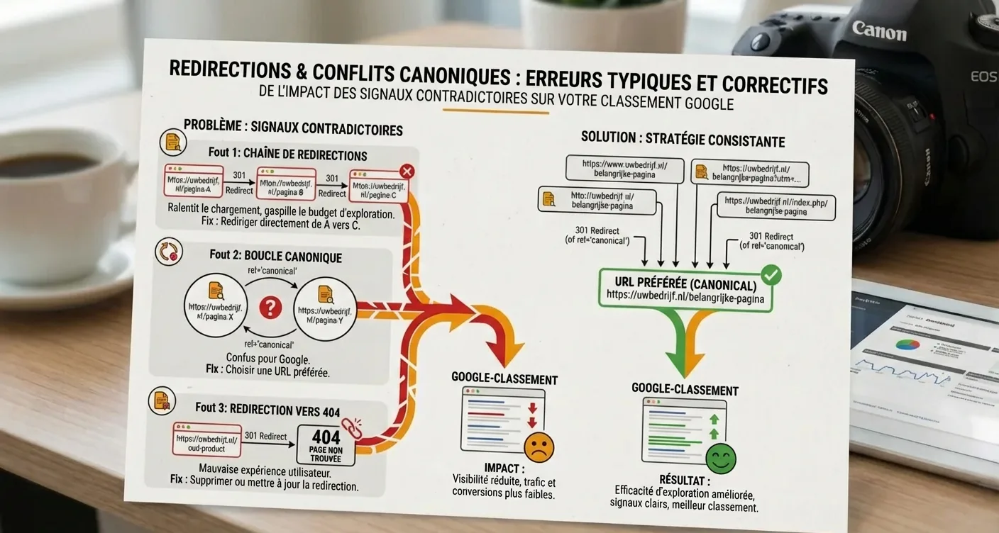 Infographie SEO sur les conflits redirections/canoniques: erreurs courantes, solutions efficaces et impact sur le classement Google.
