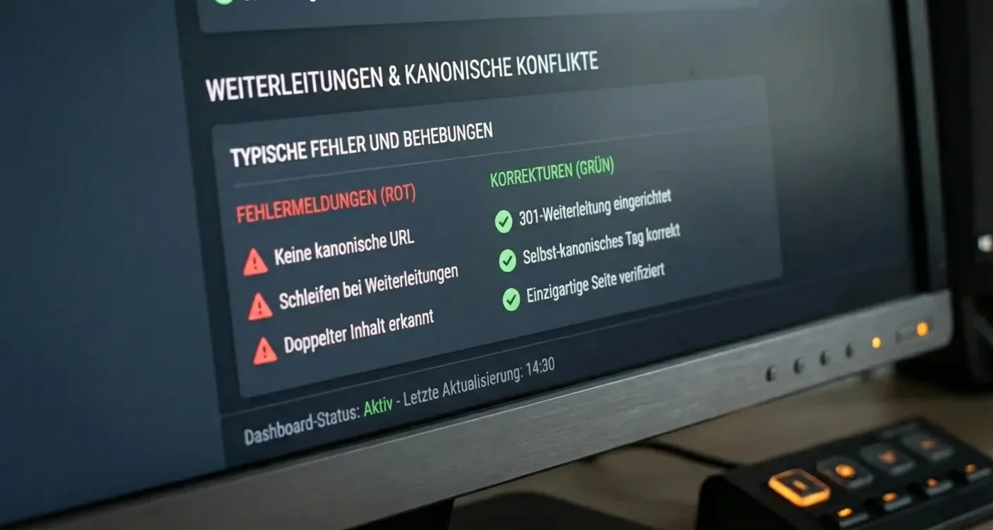 SEO-Dashboard für technische Fehleranalyse: Redirects, Canonical-Konflikte und Problemlösung mit Statusanzeigen.