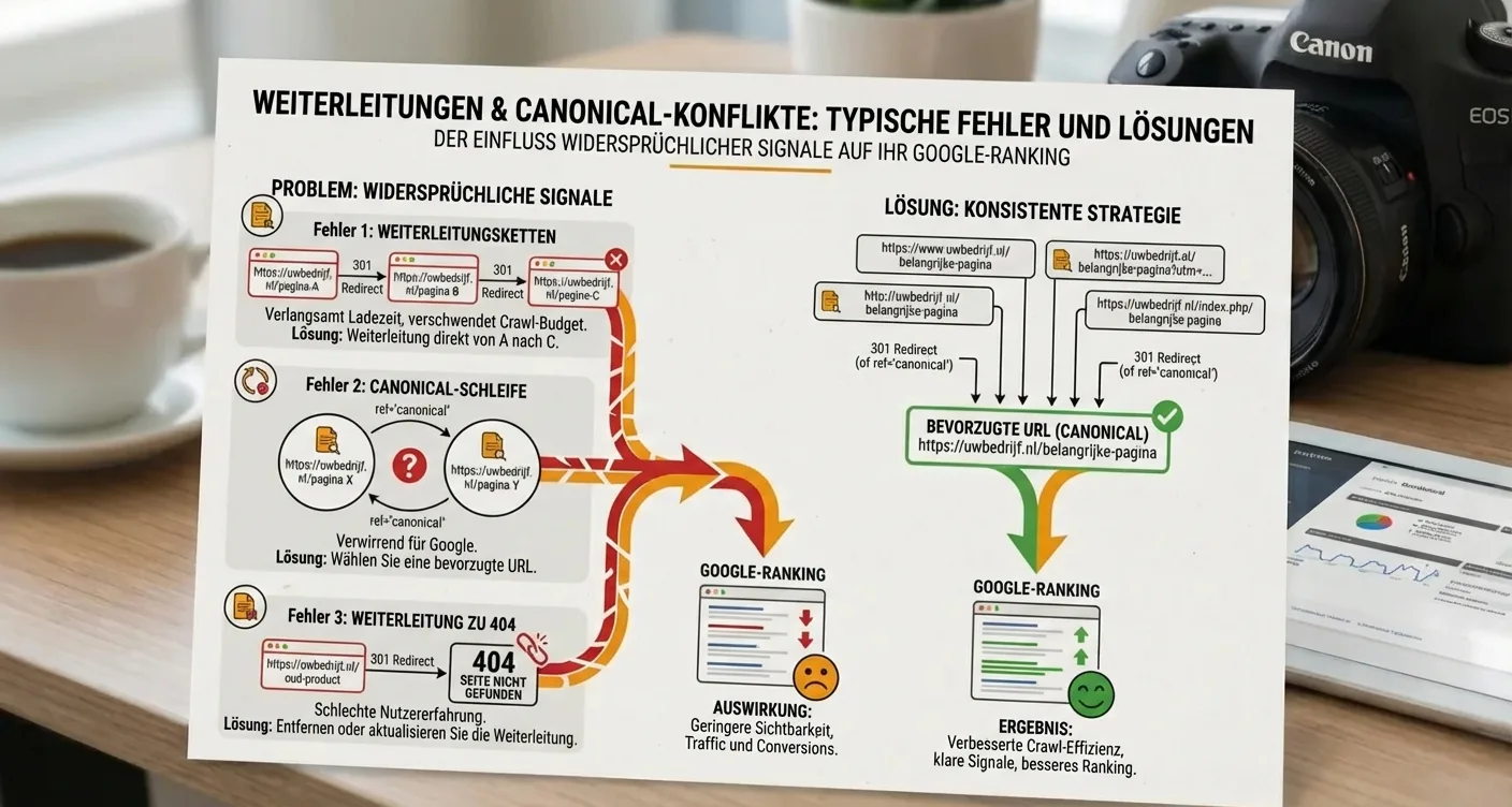 Infografik: Redirect- und Canonical-Konflikte, SEO-Fehlerbehebung und Auswirkungen auf Google-Ranking.