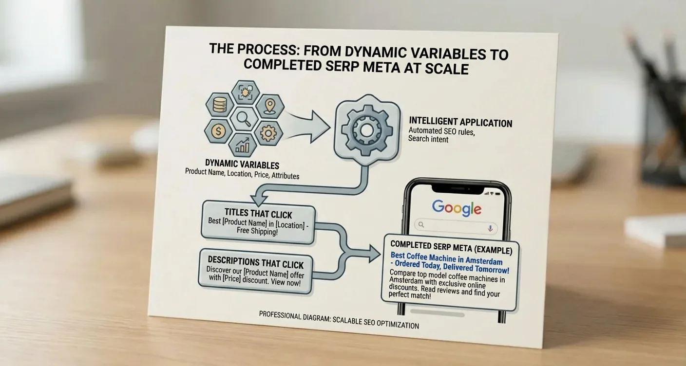 Scalable SERP meta optimization infographic: transform dynamic variables into high-CTR titles & descriptions.