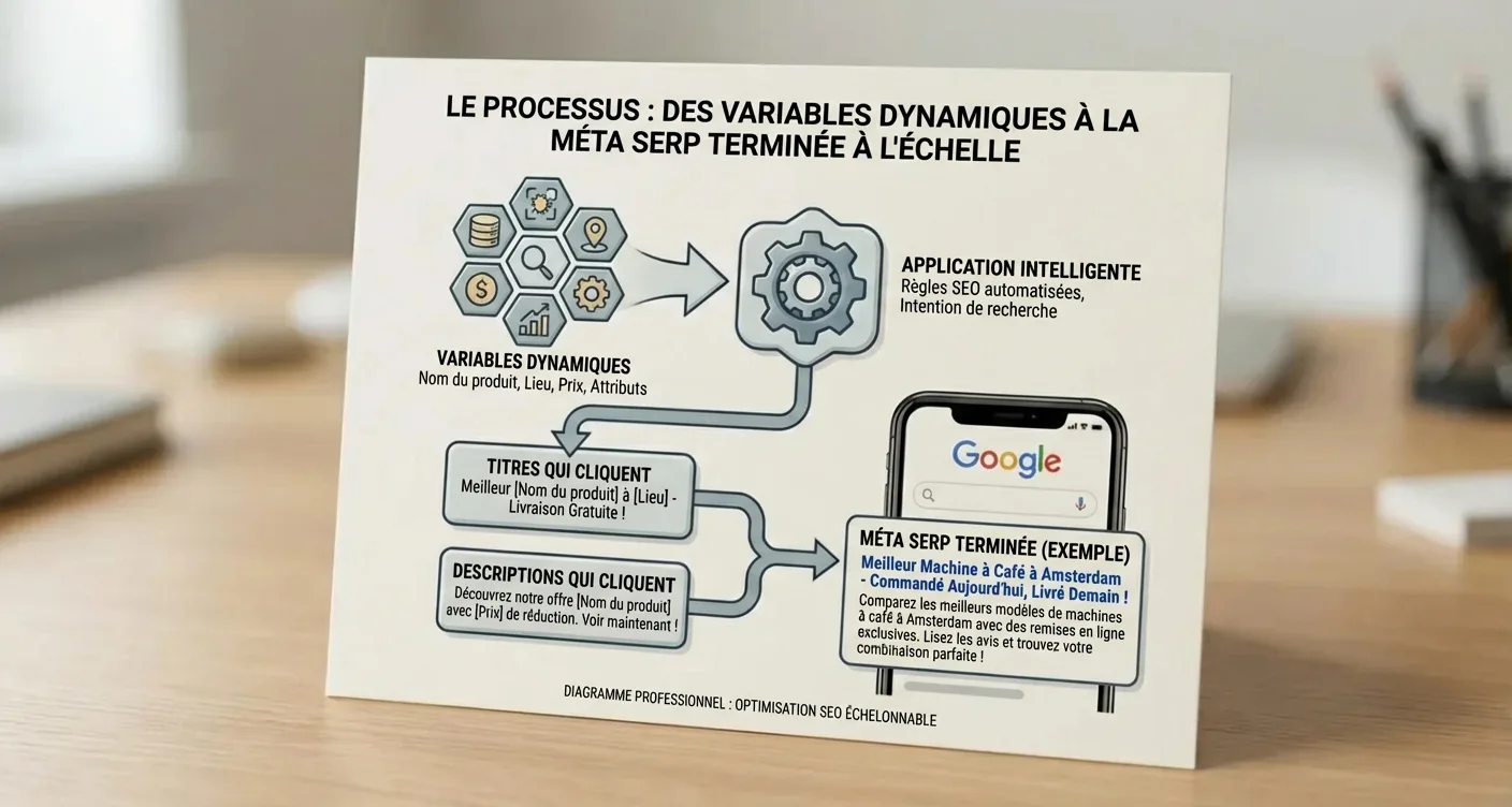 Infographie expliquant le processus d'optimisation des méta SERP avec des variables dynamiques en SEO.